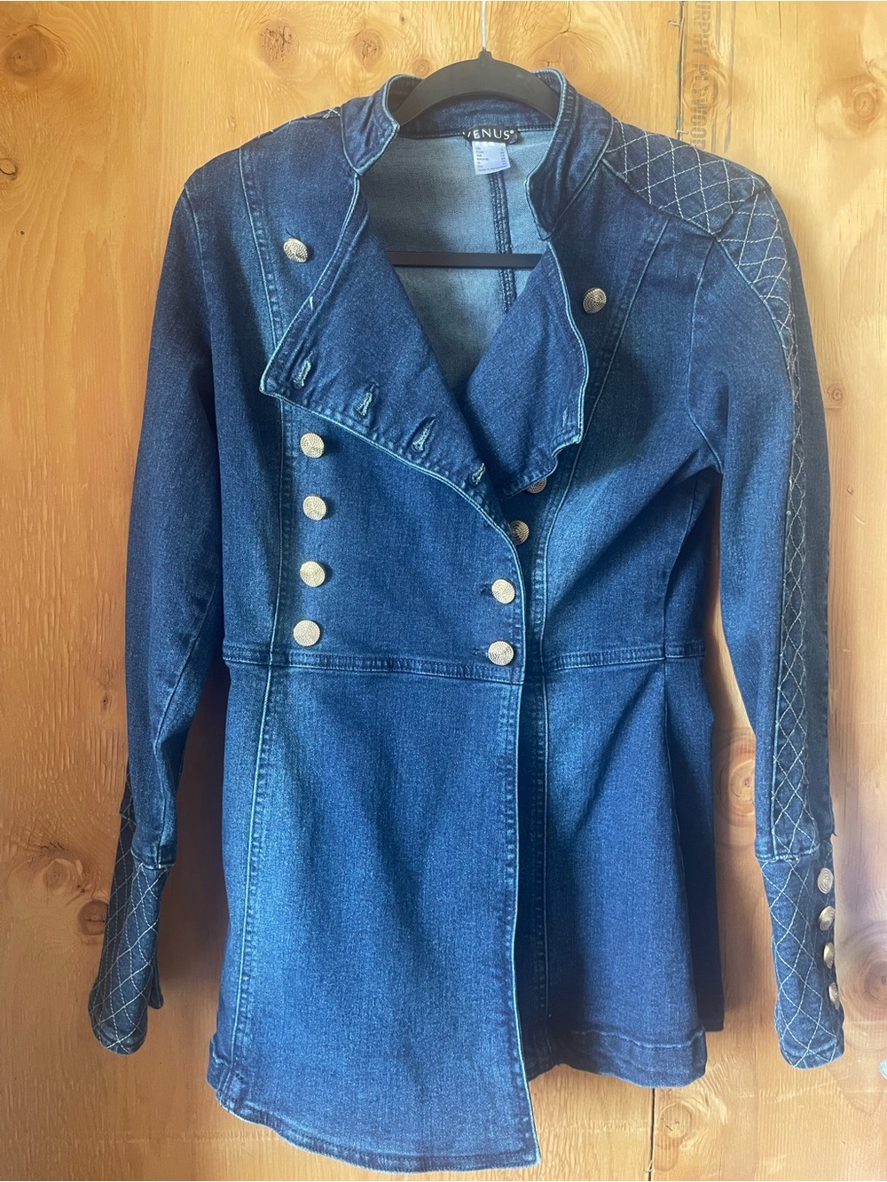 VENUS Dark Blue Denim Military-Style Blazer with Gold Buttons